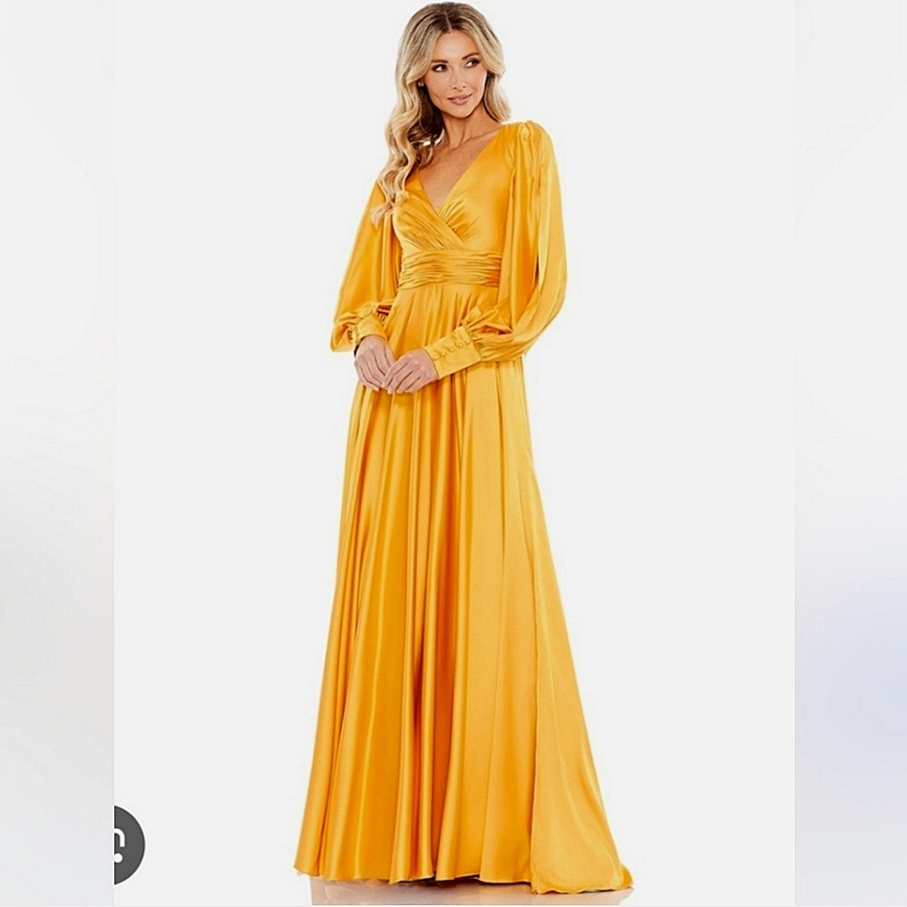 Mac Duggal Floor Length Dress Sz 16 Yellow Satin 67847